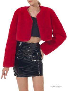 Cropped Faux Fur Jacket Long Sleeve Open Front Fluffy Shaggy Short Coat